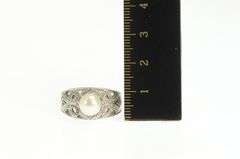 10K White Gold Pearl Filigree Diamond Scroll Engagement Ring