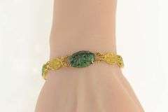 24K Yellow Gold Ornate Carved Chinese Jade Flower Bracelet