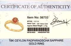 18kt Yellow gold 0.56ct Padaradscha sapphire and diamond accent ring