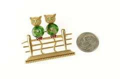 14K Yellow Gold 1960's Diamond Jade Ruby Fence Cats Pin/Brooch