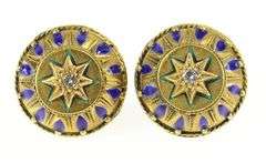 14K Yellow Gold Ornate Diamond Star Enamel Screw Back Earrings