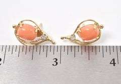 Interesting 14K Yellow Gold Peach Stone and Diamond Stud Earrings