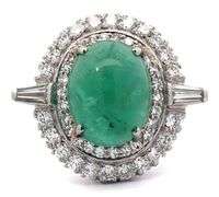 Vintage 5.00ct Emerald Cabochon and 1.25ctw Diamond Double Frame Ring in Platinum