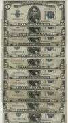 Ten (10) Series of 1934 $5 Blue Seal Silver Certificates in circ