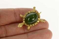 14K Yellow Gold Jade Cabochon Turtle Tortoise Ornate Retro Pin/Brooch