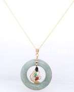 14kt Yellow gold multi color Jade bezel circle pendant on chain necklace