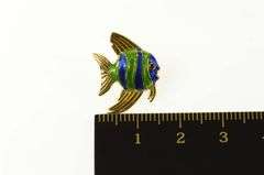 18K Yellow Gold Blue Green Enamel Garnet Eyed Fish Lapel Pin/Brooch