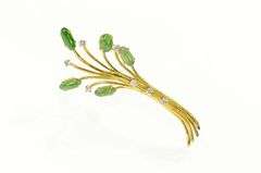 18K Yellow Gold Jade Diamond Retro Tree Statement Pin/Brooch