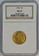 Choice BU 1903 US $5 Liberty Gold Piece. NGC MS63