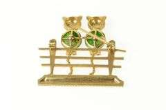 14K Yellow Gold 1960's Diamond Jade Ruby Fence Cats Pin/Brooch