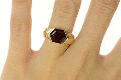 14K Yellow Gold Hexagonal Cut Ornate Garnet Grooved Ring