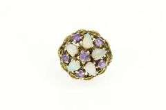 14K Yellow Gold Amethyst Pear Opal Flower Cocktail Retro Ring