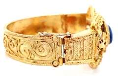 Vintage Lapis Etruscan Style Bangle Bracelet in 18K