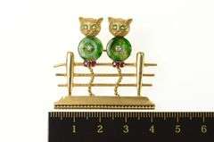 14K Yellow Gold 1960's Diamond Jade Ruby Fence Cats Pin/Brooch