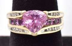 Enchanting 10K Yellow Gold Lab Created Pink Sapphire and Diamond Ring