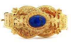 Vintage Lapis Etruscan Style Bangle Bracelet in 18K