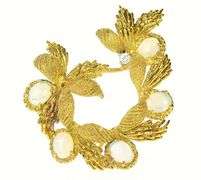 18K Yellow Gold Opal Diamond Retro Leaf Cluster Statement Pendant/Pin