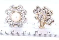 Vintage 14kt White gold single cut diamond flower earrings with 8mm pearl center