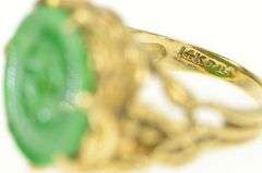 14K Yellow Gold Elaborate Carved Jade Circle Calla Lily Ring