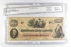 CGC VF 35 PQ $100 1862 Confederate States America Note Triple Stamped