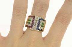 18K Yellow Gold 4.29 Ctw Diamond Ruby Sapphire Statement Ring