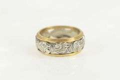 14K White Gold 1930's Ornate Two Tone Scroll Wedding Band Ring