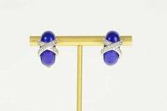 18K Yellow Gold Blue Enamel Diamond Criss Cross Statement Earrings