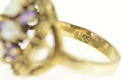 14K Yellow Gold Amethyst Pear Opal Flower Cocktail Retro Ring