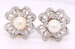 Vintage 14kt White gold single cut diamond flower earrings with 8mm pearl center