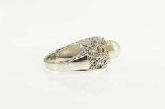 10K White Gold Pearl Filigree Diamond Scroll Engagement Ring