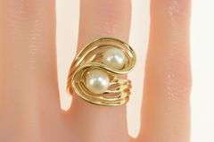 14K Yellow Gold 6.8mm Retro Pearl Wavy Curvy Bypass Cocktail Ring