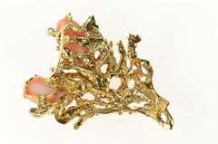 14K Yellow Gold 1960's Coral Diamond Floral Statement Pendant/Pin
