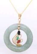 14kt Yellow gold multi color Jade bezel circle pendant on chain necklace