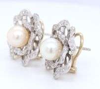 Vintage 14kt White gold single cut diamond flower earrings with 8mm pearl center