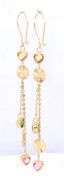 14kt Yellow gold heart shaped pink and green cubic zirconia dangle earrings