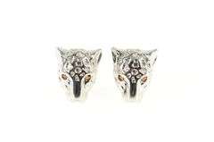 14K White Gold Ruby Eyed Leopard Cheetah Head Stud Earrings