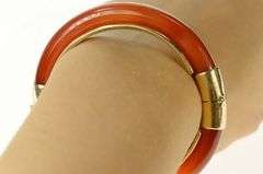 14K Yellow Gold Carved Carnelian Agate Ornate Retro Bangle Bracelet