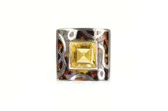 Sterling Silver Ornate Designer Citrine Swirl Enamel Square Ring