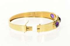 18K Yellow Gold Oval Amethyst Ornate Retro Bangle Bracelet
