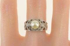 10K White Gold Pearl Filigree Diamond Scroll Engagement Ring