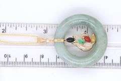 14kt Yellow gold multi color Jade bezel circle pendant on chain necklace