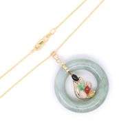 14kt Yellow gold multi color Jade bezel circle pendant on chain necklace