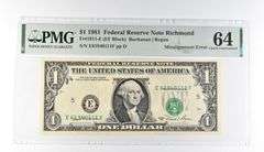 PMG 64 Choice Unc $1 1981 FRN Richmond Fr#1911-E Misalignment Error