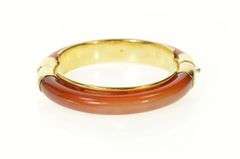 14K Yellow Gold Carved Carnelian Agate Ornate Retro Bangle Bracelet