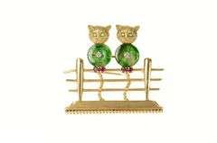 14K Yellow Gold 1960's Diamond Jade Ruby Fence Cats Pin/Brooch