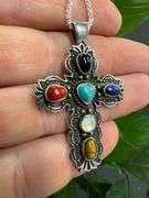 Sterling Silver Polished Black Agate Turquoise Abalone Pendant Cross Charm 925