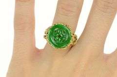 14K Yellow Gold Elaborate Carved Jade Circle Calla Lily Ring