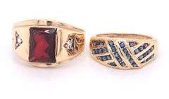 Lot of 2 10kt Yellow gold garnet and sapphire rings