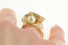 14K Yellow Gold 6.8mm Retro Pearl Wavy Curvy Bypass Cocktail Ring