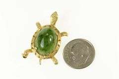 14K Yellow Gold Jade Cabochon Turtle Tortoise Ornate Retro Pin/Brooch